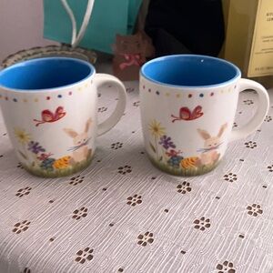 Floral Bunny Ceramic Mugs - Blue Interior